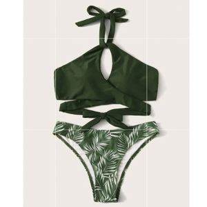Hunter Green Cut Out Wrap Top W/Leaf Print Set